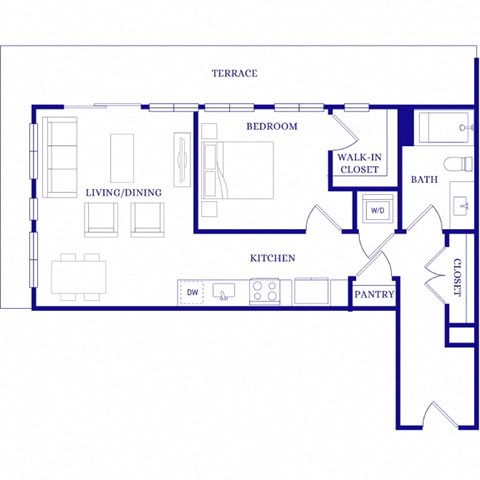Floor plan for 1 bed, 1 bath, 698 sqft